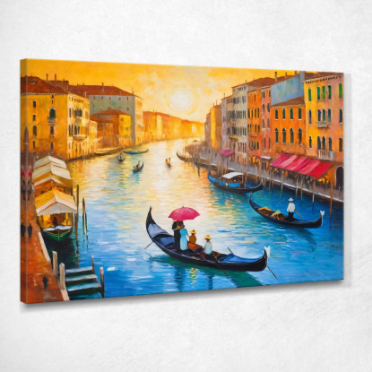 Quadro Moderno Città Astratto Atmosfera Veneziana Al Tramonto Con Gondole E Canali  ct2 quadro stampato su tela