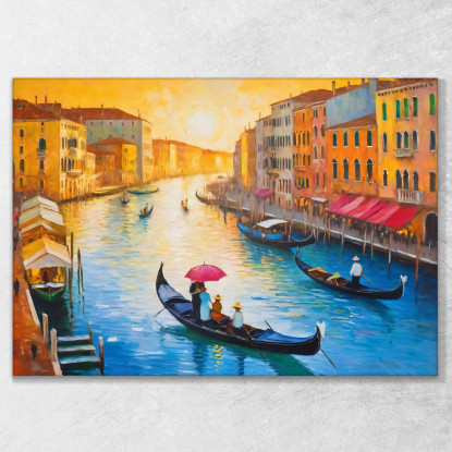 Quadro Moderno Città Astratto Atmosfera Veneziana Al Tramonto Con Gondole E Canali  ct2 quadro stampato su tela