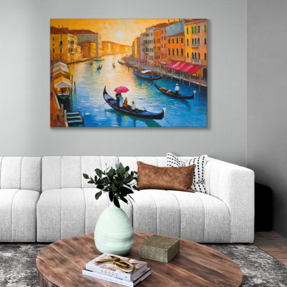 Quadro Moderno Città Astratto Atmosfera Veneziana Al Tramonto Con Gondole E Canali  ct2 quadro stampato su tela