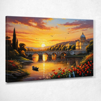 Quadro Moderno Città Astratto Barca Sul Fiume Al Tramonto Con Vista Su Un Ponte A Roma  ct4 quadro stampato su tela