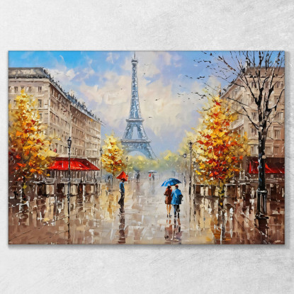 Quadro Moderno Città Astratto Coppia Con Ombrello Passeggia A Parigi Con Vista Sulla Torre Eiffel  ct6 quadro stampato su tela