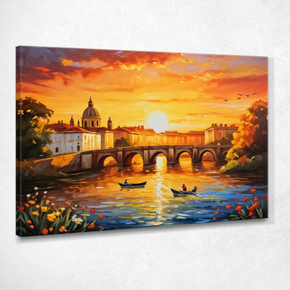 Quadro Moderno Città Astratto Incantevole Tramonto Cittadino Su Fiume Con Barca E Ponte Antico  ct13 quadro stampato su tela