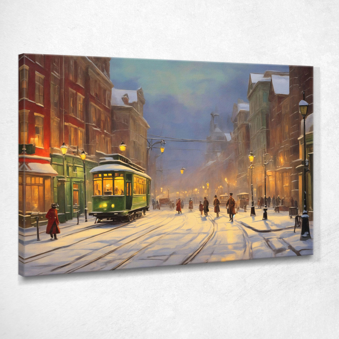 Quadro Moderno Città Astratto Nostalgica Città Invernale Con Tram Verde Su Strada Nevicata  ct16 quadro stampato su tela