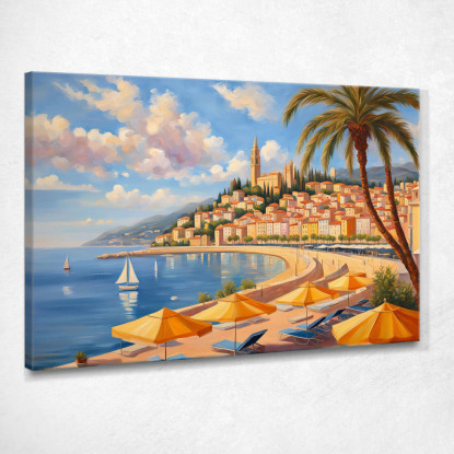 Quadro Moderno Città Astratto Panorama Incantevole Di Mentone Colline Colorate E Mare Blu  ct19 quadro stampato su tela