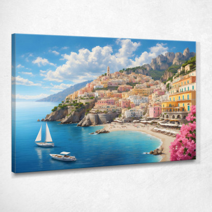 Quadro Moderno Città Astratto Panoramica Della Costiera Amalfitana Con Case Colorate E Mare  ct20 quadro stampato su tela