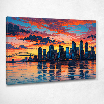 Quadro Moderno Città Astratto Skyline Astratto Al Tramonto Con Grattacieli E Ponte  ct25 quadro stampato su tela