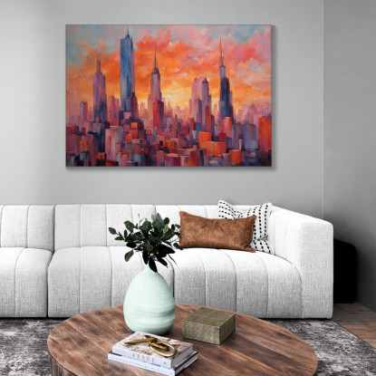 Quadro Moderno Città Astratto Skyline Astratto La Magia Di Una Città Al Tramonto  ct26 quadro stampato su tela