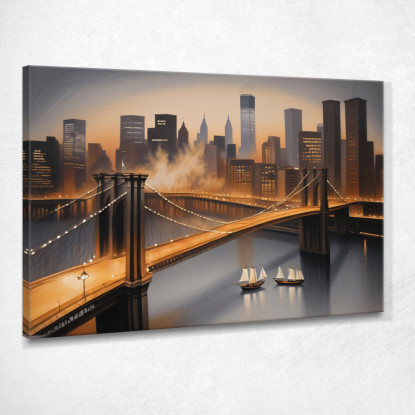 Quadro Moderno Città Astratto Skyline Di New York E Ponte Di Brooklyn Illuminato Al Tramonto  ct27 quadro stampato su tela