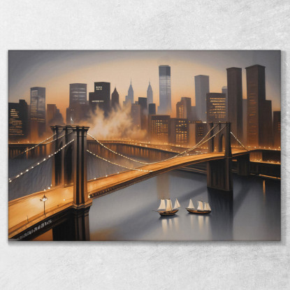 Quadro Moderno Città Astratto Skyline Di New York E Ponte Di Brooklyn Illuminato Al Tramonto  ct27 quadro stampato su tela