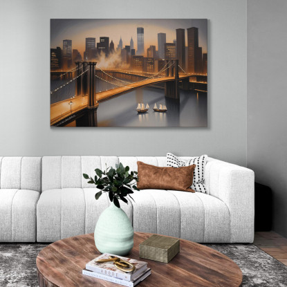 Quadro Moderno Città Astratto Skyline Di New York E Ponte Di Brooklyn Illuminato Al Tramonto  ct27 quadro stampato su tela