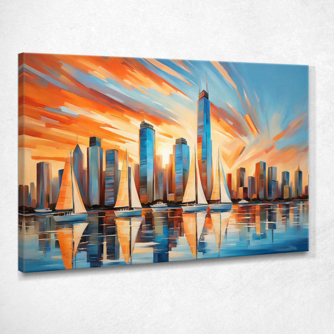 Quadro Moderno Città Astratto Tramonto Su Grattacieli Della Città Moderna E Barche A Vela  ct32 quadro stampato su tela