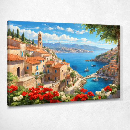 Quadro Moderno Città Astratto Vista Sulla Costa Mediterranea Con Vele E Fiori Colorati  ct35 quadro stampato su tela