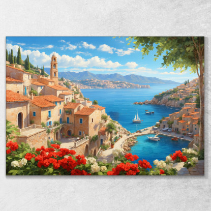 Quadro Moderno Città Astratto Vista Sulla Costa Mediterranea Con Vele E Fiori Colorati  ct35 quadro stampato su tela