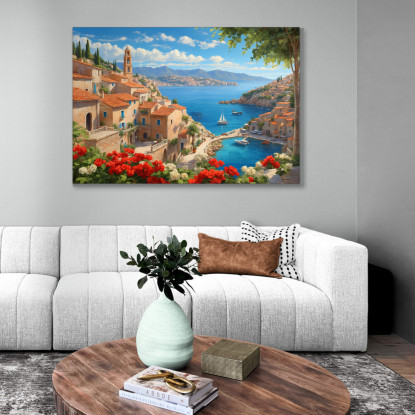 Quadro Moderno Città Astratto Vista Sulla Costa Mediterranea Con Vele E Fiori Colorati  ct35 quadro stampato su tela