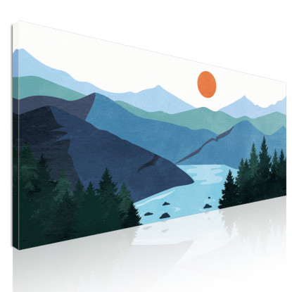 Quadro Boho Chic Illustrazione Paesaggio Montagne Blu Con Lago E Sole Al Tramonto  bol2 quadro stampato su tela