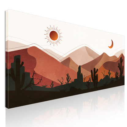 Quadro Boho Chic Illustrazione Paesaggio Deserto Montuoso Con Cactus Al Tramonto E Luna Crescente  bol5 quadro stampato su tela