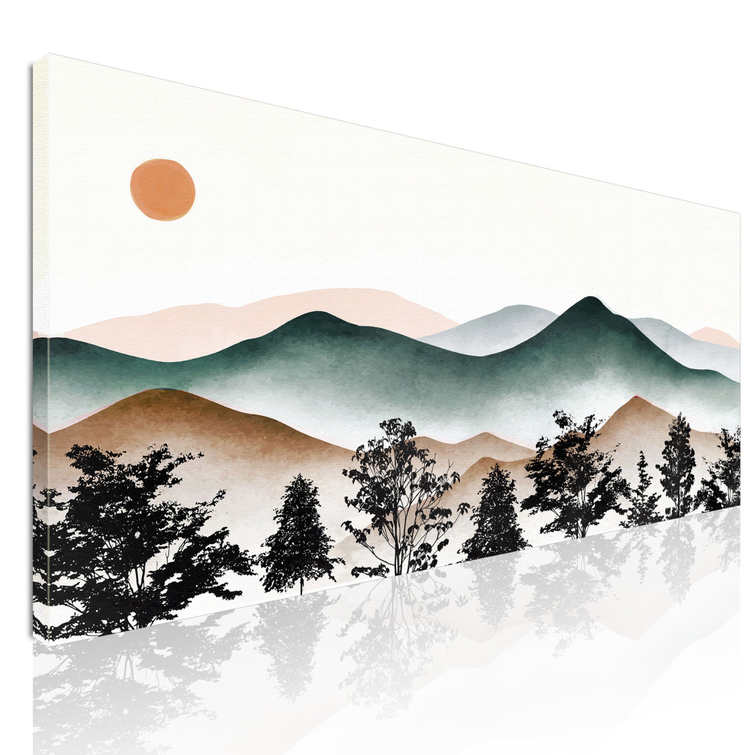 Quadro Boho Chic Illustrazione Paesaggio Montagne Nebbiose Con Sole Al Tramonto  bol7 quadro stampato su tela