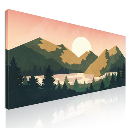 Quadro Boho Chic Illustrazione Paesaggio Tramonto Sulle Montagne Con Sole E Foresta  bol8 quadro stampato su tela