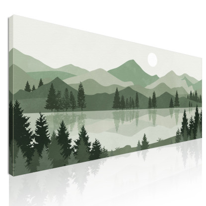 Quadro Boho Chic Illustrazione Paesaggio Lago Tra Le Montagne Verdi Al Tramonto  bol9 quadro stampato su tela