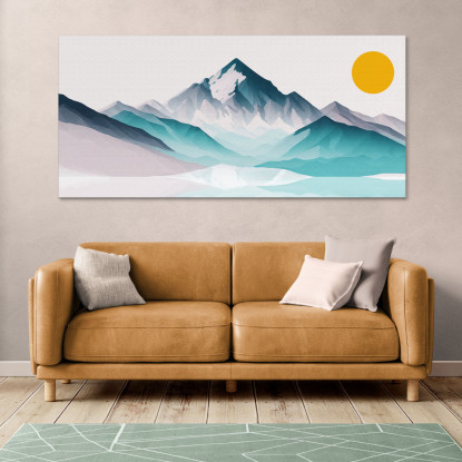 Quadro Boho Chic Illustrazione Paesaggio Montagna Innevata Con Sole Giallo  bol11 quadro stampato su tela