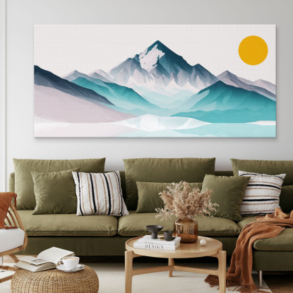 Quadro Boho Chic Illustrazione Paesaggio Montagna Innevata Con Sole Giallo  bol11 quadro stampato su tela