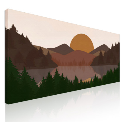 Quadro Boho Chic Illustrazione Paesaggio Collina Al Tramonto Con Alberi E Lago  bol13 quadro stampato su tela