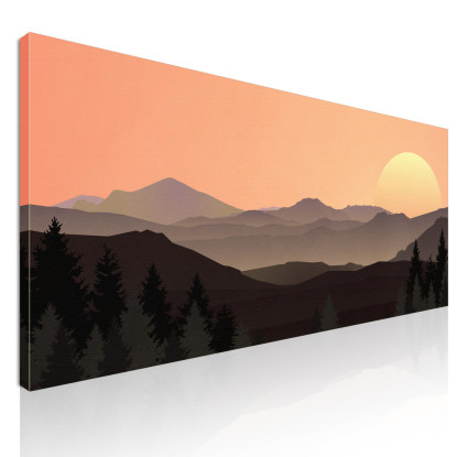 Quadro Boho Chic Illustrazione Paesaggio Tramonto Montuoso Con Sole E Foresta  bol14 quadro stampato su tela