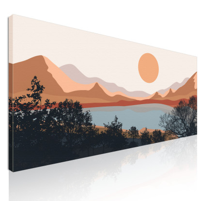 Quadro Boho Chic Illustrazione Paesaggio Lago Al Tramonto Con Montagne E Alberi  bol16 quadro stampato su tela