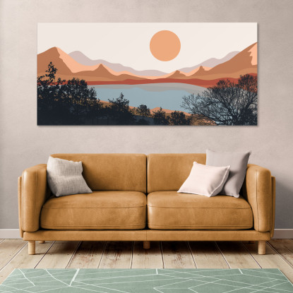 Quadro Boho Chic Illustrazione Paesaggio Lago Al Tramonto Con Montagne E Alberi  bol16 quadro stampato su tela