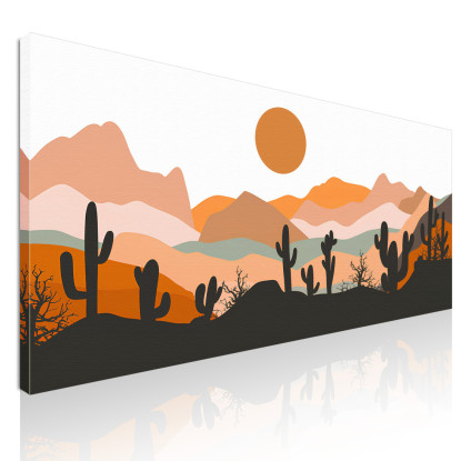 Quadro Boho Chic Illustrazione Paesaggio Montagne Con Cactus E Sole Al Tramonto  bol18 quadro stampato su tela