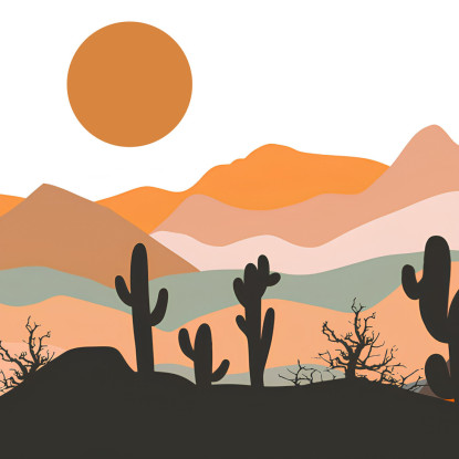 Quadro Boho Chic Illustrazione Paesaggio Montagne Con Cactus E Sole Al Tramonto  bol18 quadro stampato su tela