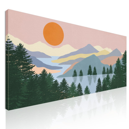 Quadro Boho Chic Illustrazione Paesaggio Alba Sul Lago Con Pini E Montagne  bol21 quadro stampato su tela