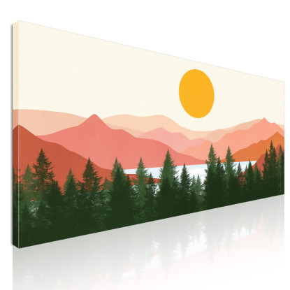 Quadro Boho Chic Illustrazione Paesaggio Foresta Di Pini Con Montagne E Sole  bol23 quadro stampato su tela