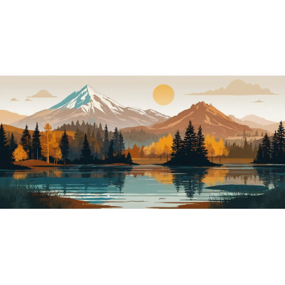 Quadro Boho Chic Illustrazione Paesaggio Paesaggio Montuoso Con Sole Foresta E Lago bol31 quadro stampato su tela