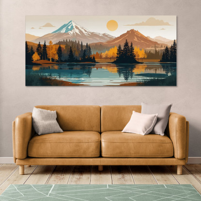 Quadro Boho Chic Illustrazione Paesaggio Paesaggio Montuoso Con Sole Foresta E Lago bol31 quadro stampato su tela