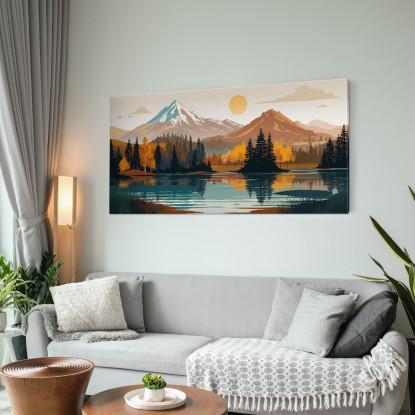 Quadro Boho Chic Illustrazione Paesaggio Paesaggio Montuoso Con Sole Foresta E Lago bol31 quadro stampato su tela