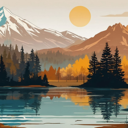 Quadro Boho Chic Illustrazione Paesaggio Paesaggio Montuoso Con Sole Foresta E Lago bol31 quadro stampato su tela