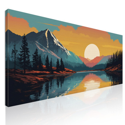 Quadro Boho Chic Illustrazione Paesaggio Montagna Al Tramonto Riflessa Nel Lago  bol35 quadro stampato su tela