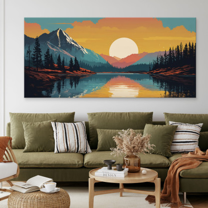 Quadro Boho Chic Illustrazione Paesaggio Montagna Al Tramonto Riflessa Nel Lago bol35 quadro stampato su tela