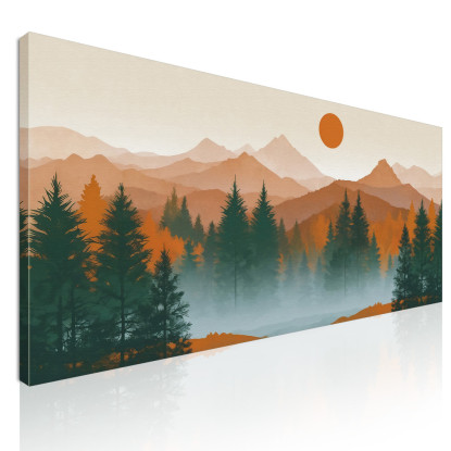 Quadro Boho Chic Illustrazione Paesaggio Tramonto Su Foresta E Montagne Con Pini E Nebbia  bol38 quadro stampato su tela