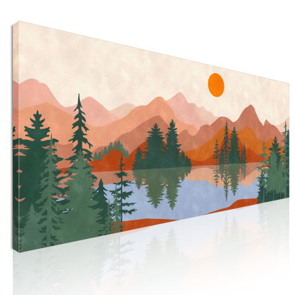 Quadro Boho Chic Illustrazione Paesaggio Tramonto Sul Lago Con Montagne E Alberi  bol40 quadro stampato su tela