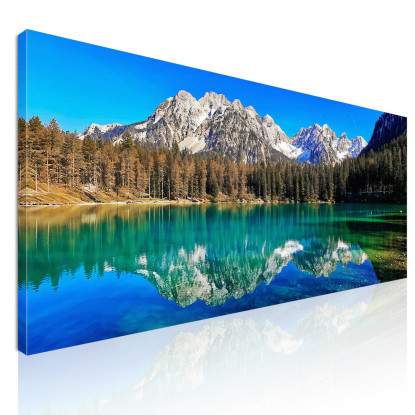 Quadro Montagne Lago Mozzafiato Con Acque Riflettenti Circondato Da Maestose Vette Montuose  mow2 quadro stampato su tela