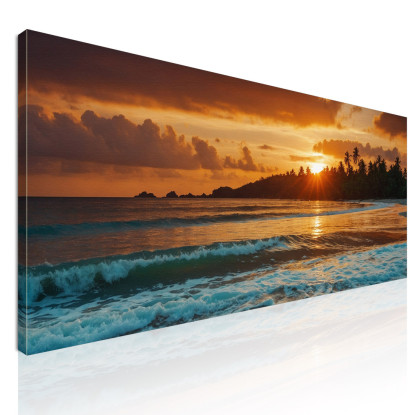 Quadro Paesaggio Mare Spiaggia Tropicale Al Tramonto Con Palme E Onde  seal29 quadro stampato su tela