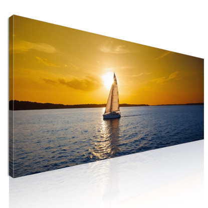 Quadro Paesaggio Mare Tramonto Dorato Con Barca A Vela In Mare  seal39 quadro stampato su tela