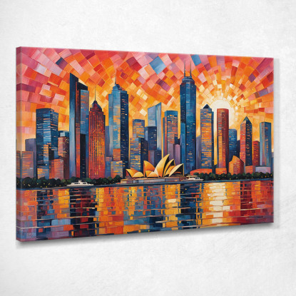 Pintura Moderna Ciudad Abstracta Paisaje Urbano Abstracto Al Atardecer Con La Ópera De Sydney  cuadro en lienzo