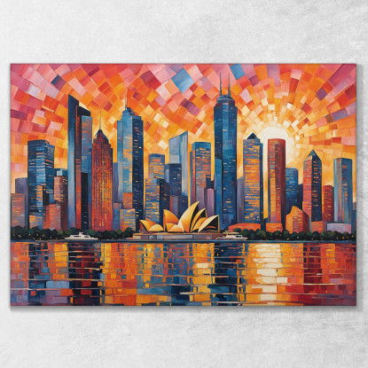 Pintura Moderna Ciudad Abstracta Paisaje Urbano Abstracto Al Atardecer Con La Ópera De Sydney  cuadro en lienzo