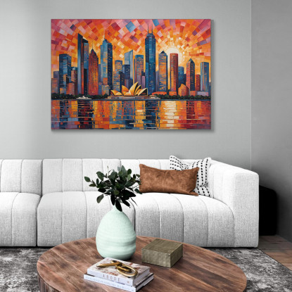 Quadro Moderno Città Astratto Paesaggio Urbano Astratto Al Tramonto Con Teatro Dell'Opera Di Sydney quadro stampato su tela