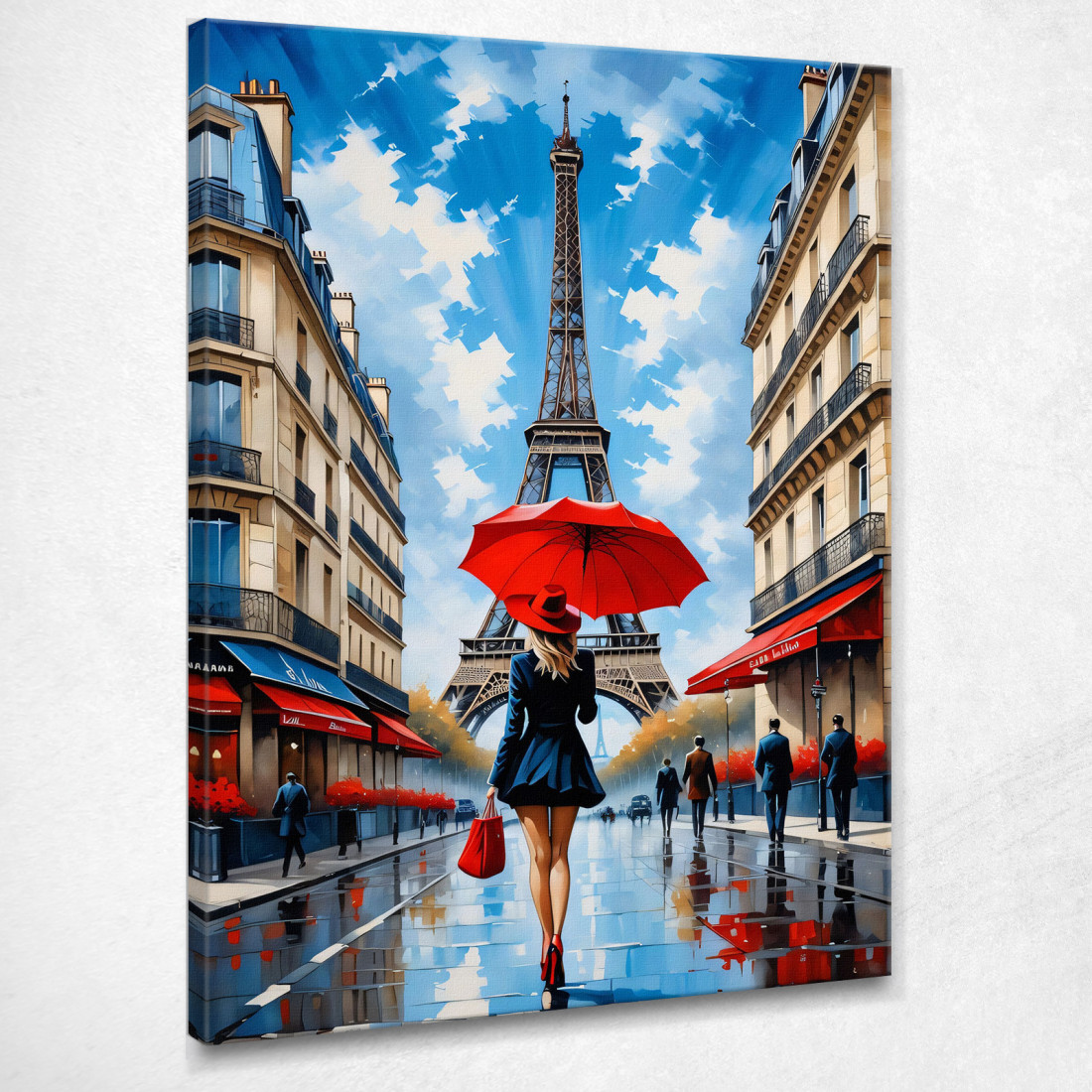 Pintura Moderna Ciudad Abstracta Mujer Elegante Con Paraguas Rojo En Las Calles De París Y Vista De La Torre Eiffel  cuadro en l