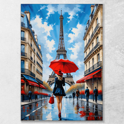 Pintura Moderna Ciudad Abstracta Mujer Elegante Con Paraguas Rojo En Las Calles De París Y Vista De La Torre Eiffel  cuadro en l