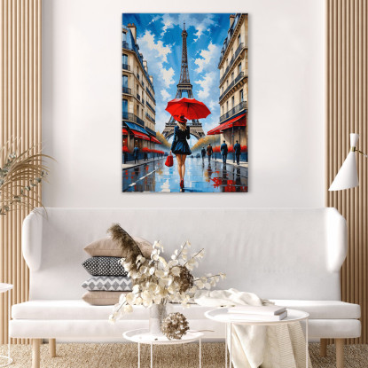 Modern Abstract City Painting Chic Woman With Red Umbrella In The Streets Of Paris And View Of The Eiffel Tower canvas print